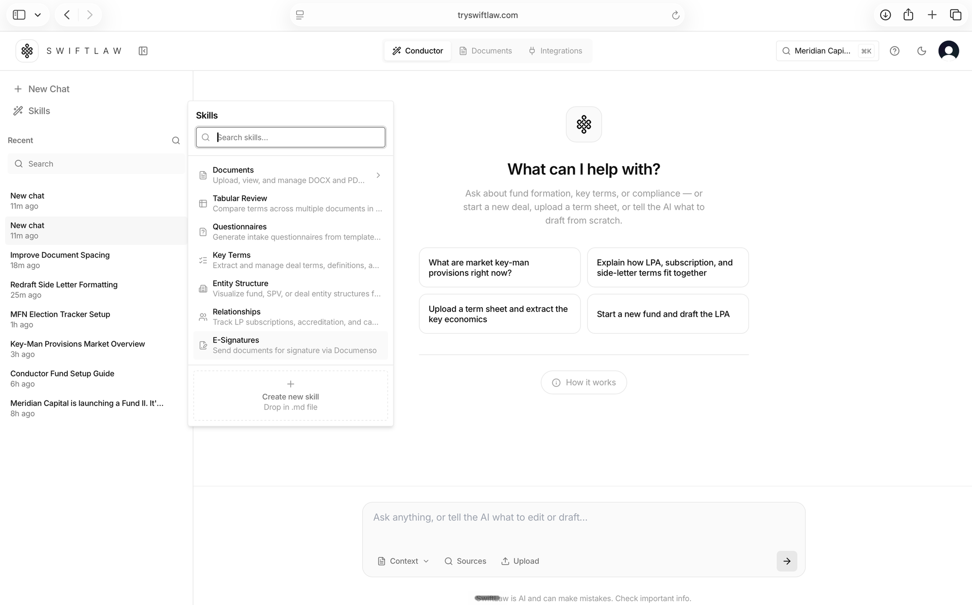 SwiftLaw Conductor with the Skills menu open — Documents, Tabular Review, Questionnaires, Key Terms, Entity Structure, Relationships, and E-Signatures — over the What can I help with? home screen